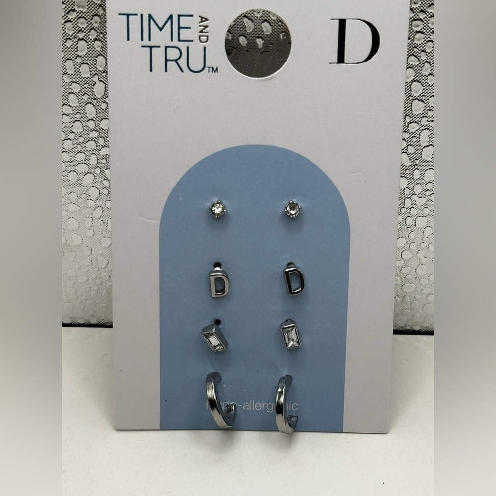 TIME AND TRU Initial “D” 4 Pcs Silver Stud & Hoop Silvertone Pierced Earrings